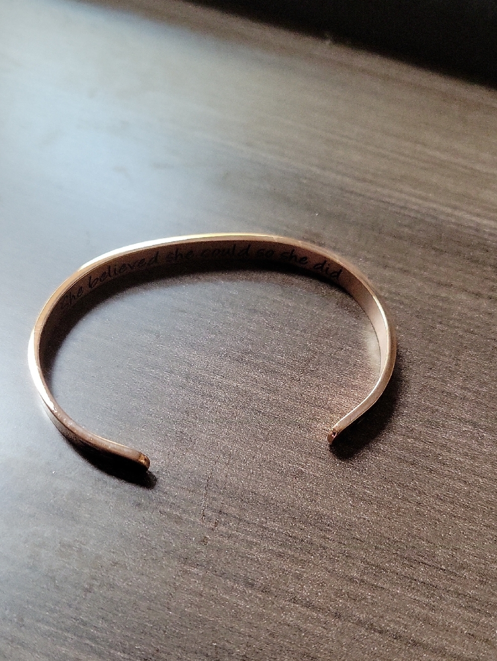 Rose Gold Engraved Cuff Bracelet "SHE BELIEVED SHE COULD SO SHE DID IT"